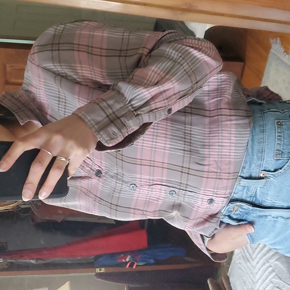 J Crew Soft Pink & Brown Plaid Button Up Top - Picture 6 of 6
